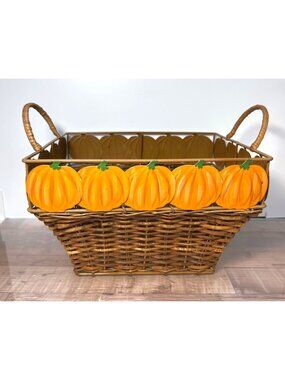 Handwoven Wicker Basket With Metal Pumpkin Accents & Handles
